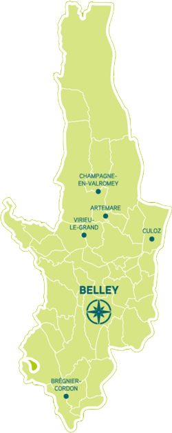 Carte de territoire Bugey Sud (avec Belley au Centre, Brégnier-Cordon au Sud et Champagne-en-Valromey, Artemare, Virieu-le-grand et Culoz au Nord)
